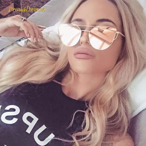 2019 Cat Eye Vintage Brand Designer Rose Gold Mirror Sunglasses For Women Metal Reflective flat lens Sun Glasses Female oculos